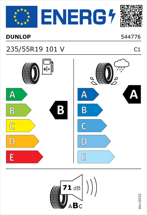 Tyre Label for Dunlop SP SportMaxx RT 235/55R19 101V