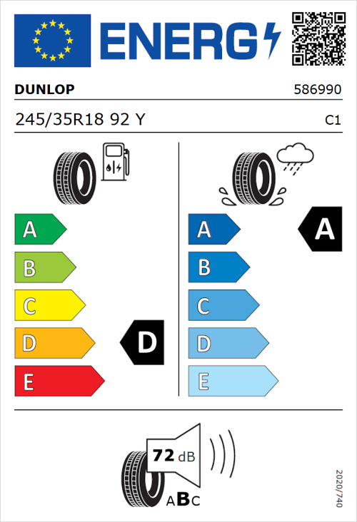 Tyre Label for Dunlop Sportmaxx RT 2 SUV 245/35R18 92Y