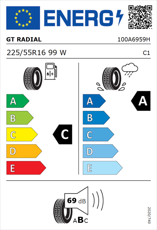 Tyre Label for GT Radial FE2 Evo 225/55R16 99W