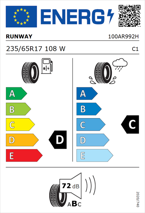Tyre Label for Runway Enduro SUV 235/65R17 108W